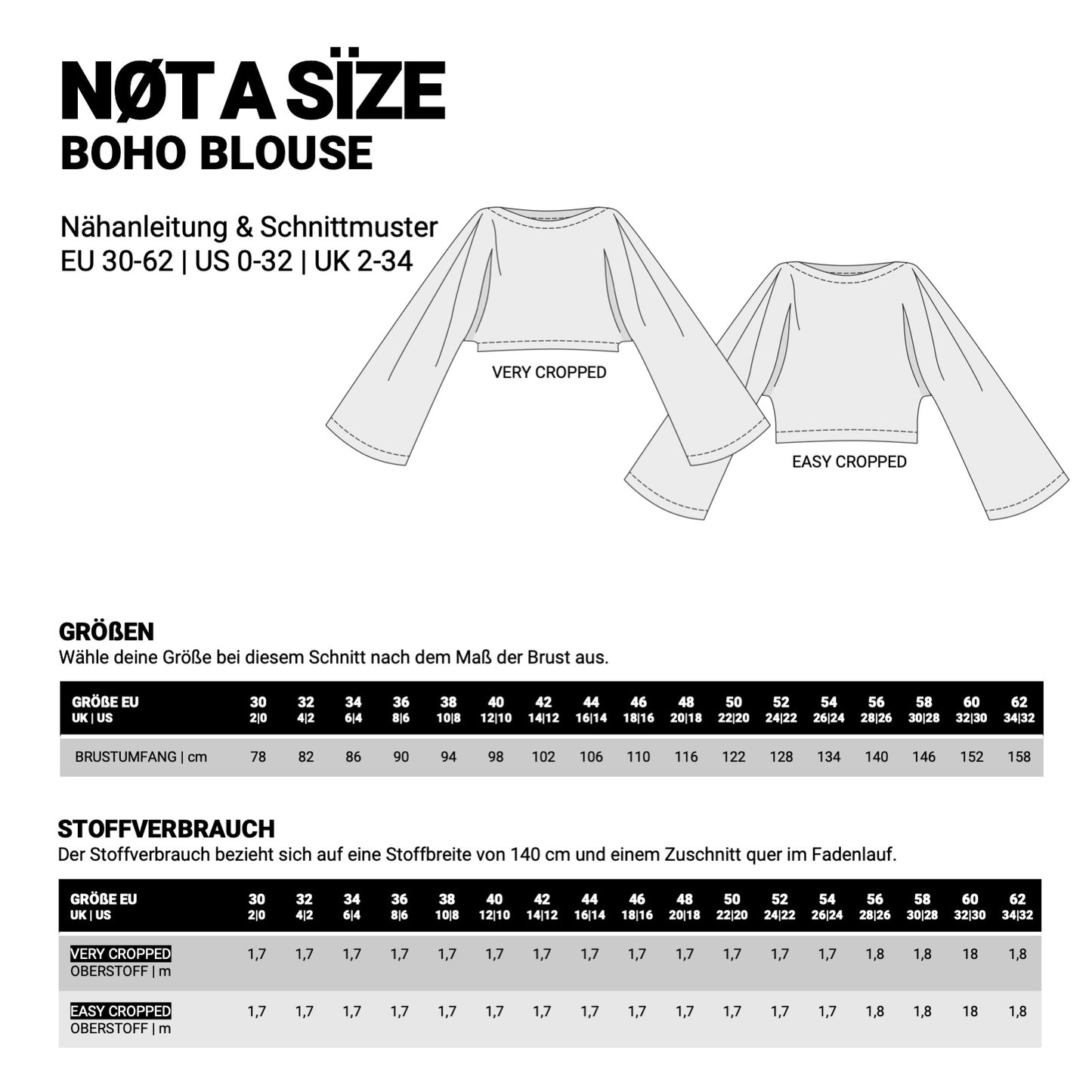 Größentavelle zum Schnittmuster "Boho Blouse" von Not a size.
