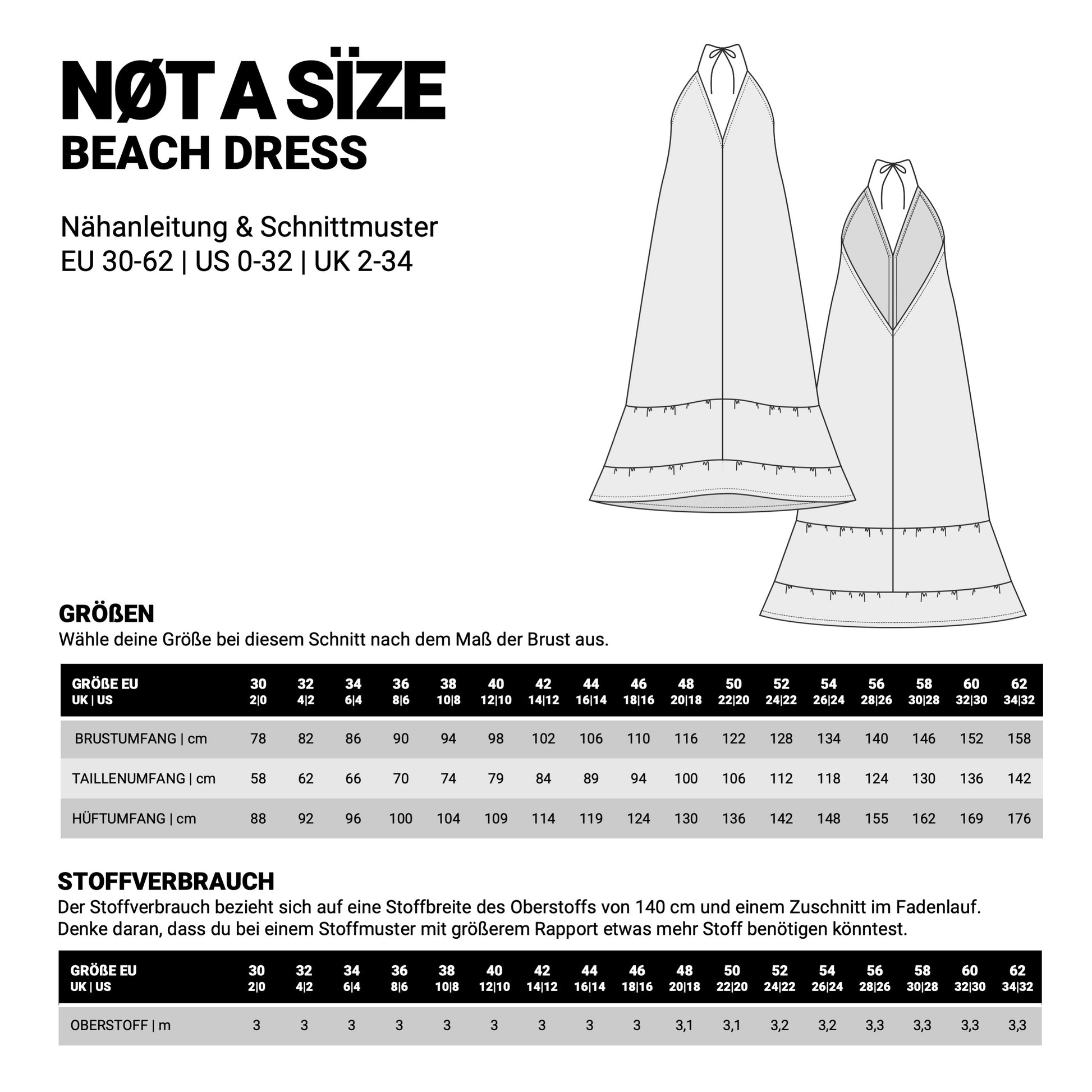 Masstabelle und Stoffverbrauch zum Schnittmuster beach dress von not a size.