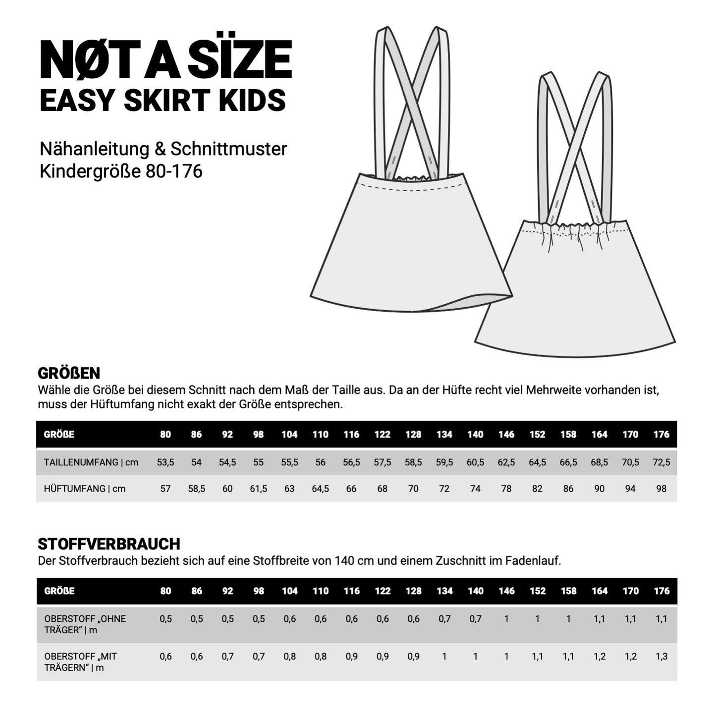 easy skirt kids Masse und Stoffverbrauch