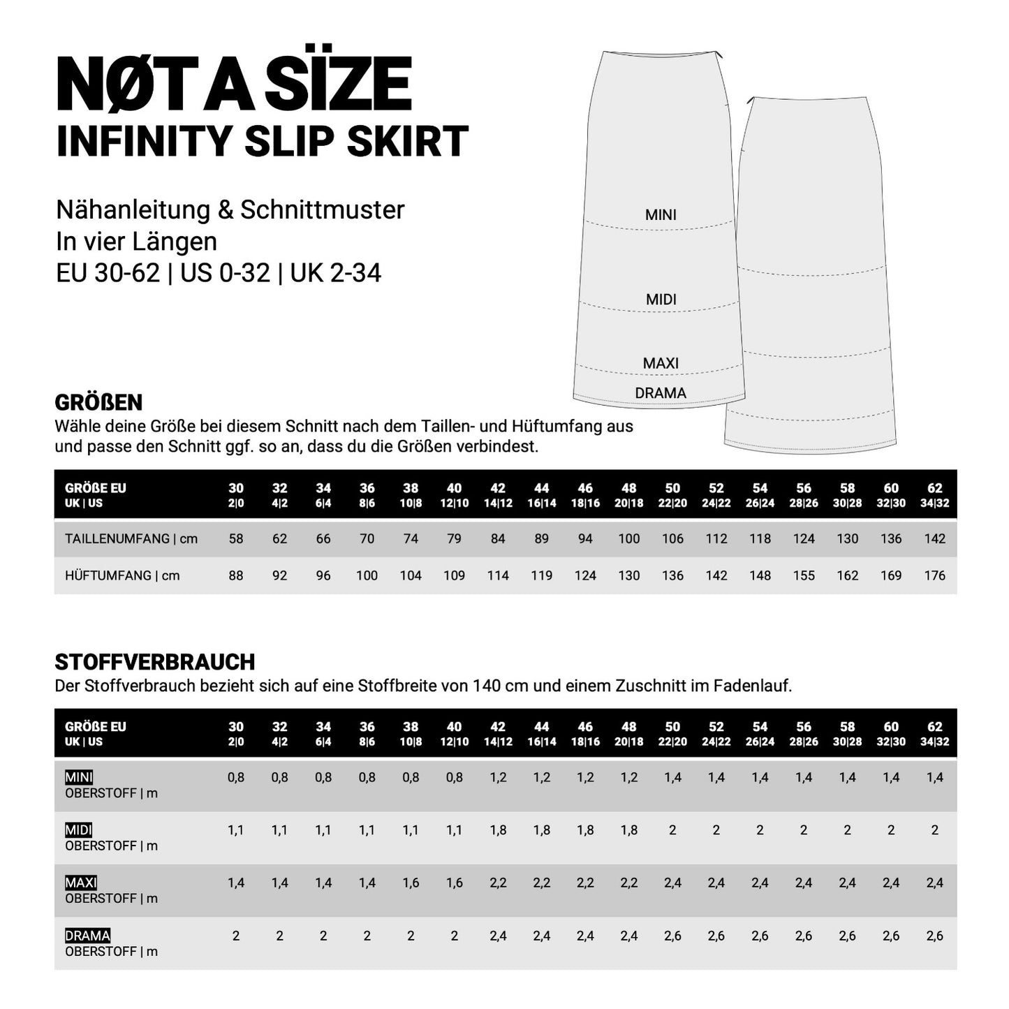 Masstabelle zum infinity slip skirt