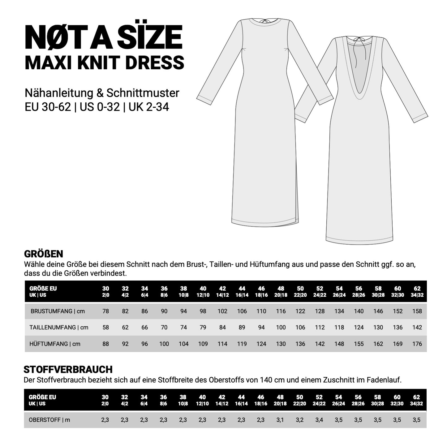 Masstabelle zum Schnittmuster Maxi Knit Dress