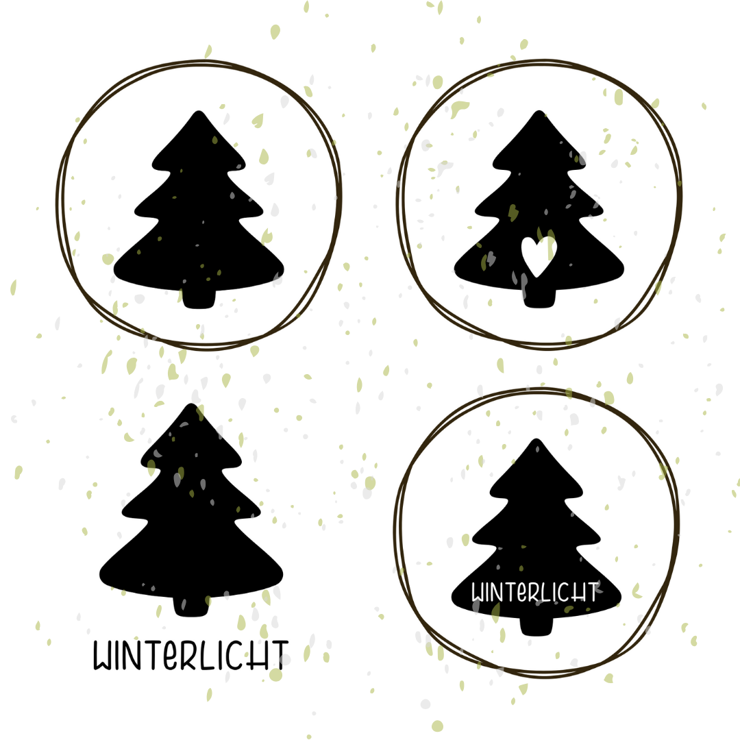 Plotterdatei Set bestehend aus vier Tannenbaum Kompositionen und dem Schriftug Winterlicht.