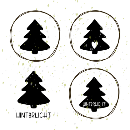 Plotterdatei Set bestehend aus vier Tannenbaum Kompositionen und dem Schriftug Winterlicht.