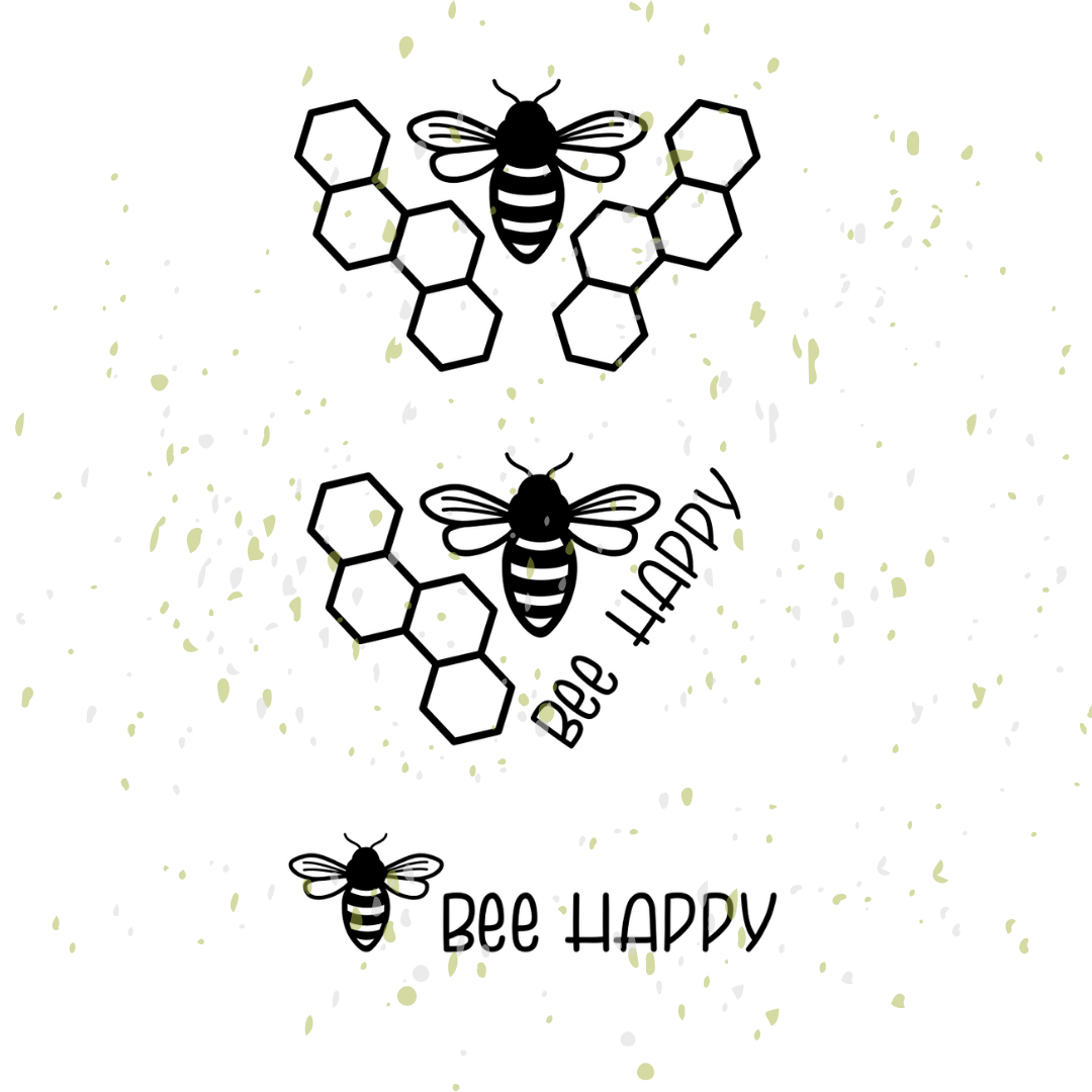 Biene mit "bee happy" und Bienenwabe in drei Varianten angeordnet.