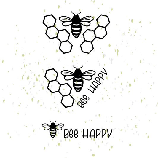 Biene mit "bee happy" und Bienenwabe in drei Varianten angeordnet.